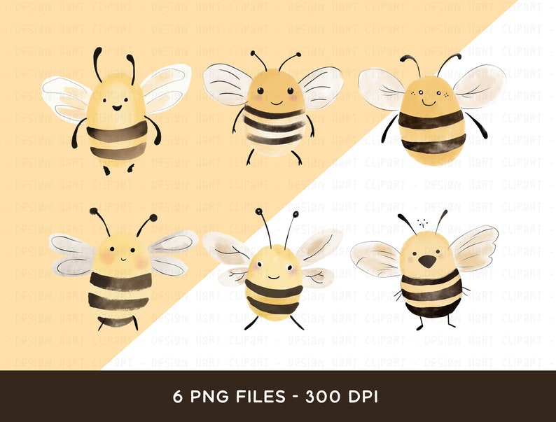May include: Six watercolor illustrations of cute cartoon bees with yellow bodies, black stripes, and brown wings. The bees have smiling faces and are in various poses.