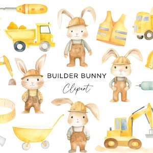 Bundle de clipart lapin constructeur, construction lapin pelle excavatrice camion à benne basculante outils pour fête d'enfants invite chambre d'enfant Art PNG en téléchargement numérique