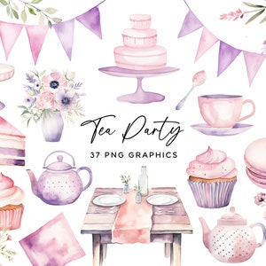 Tea Party Clipart Bundle - Watercolor Pink & Purple Teapot Teacup Cupcake Scone PNG for Invitations Scrapbooking Wall Art Commercial Use