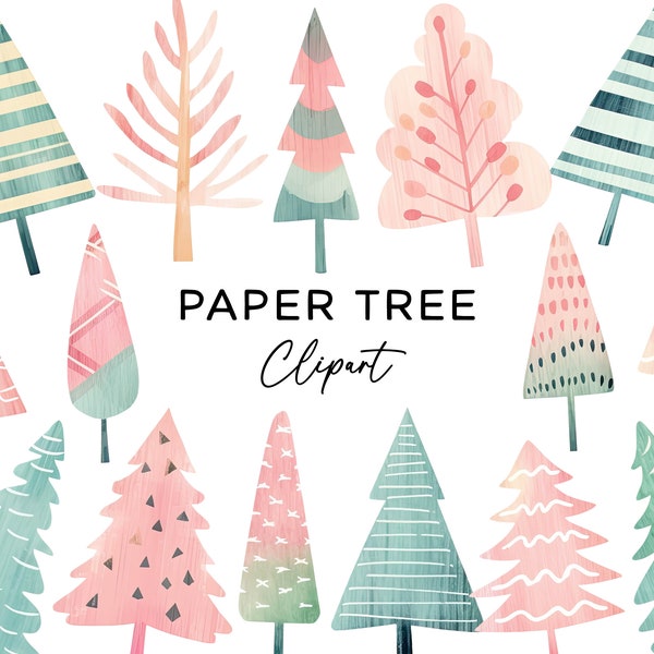 Pastel Christmas Tree Clipart Bundle, Modern Paper Trees in Pink Blue Green PNG Graphics Invitations, Stickers, Scrapbooking Projects