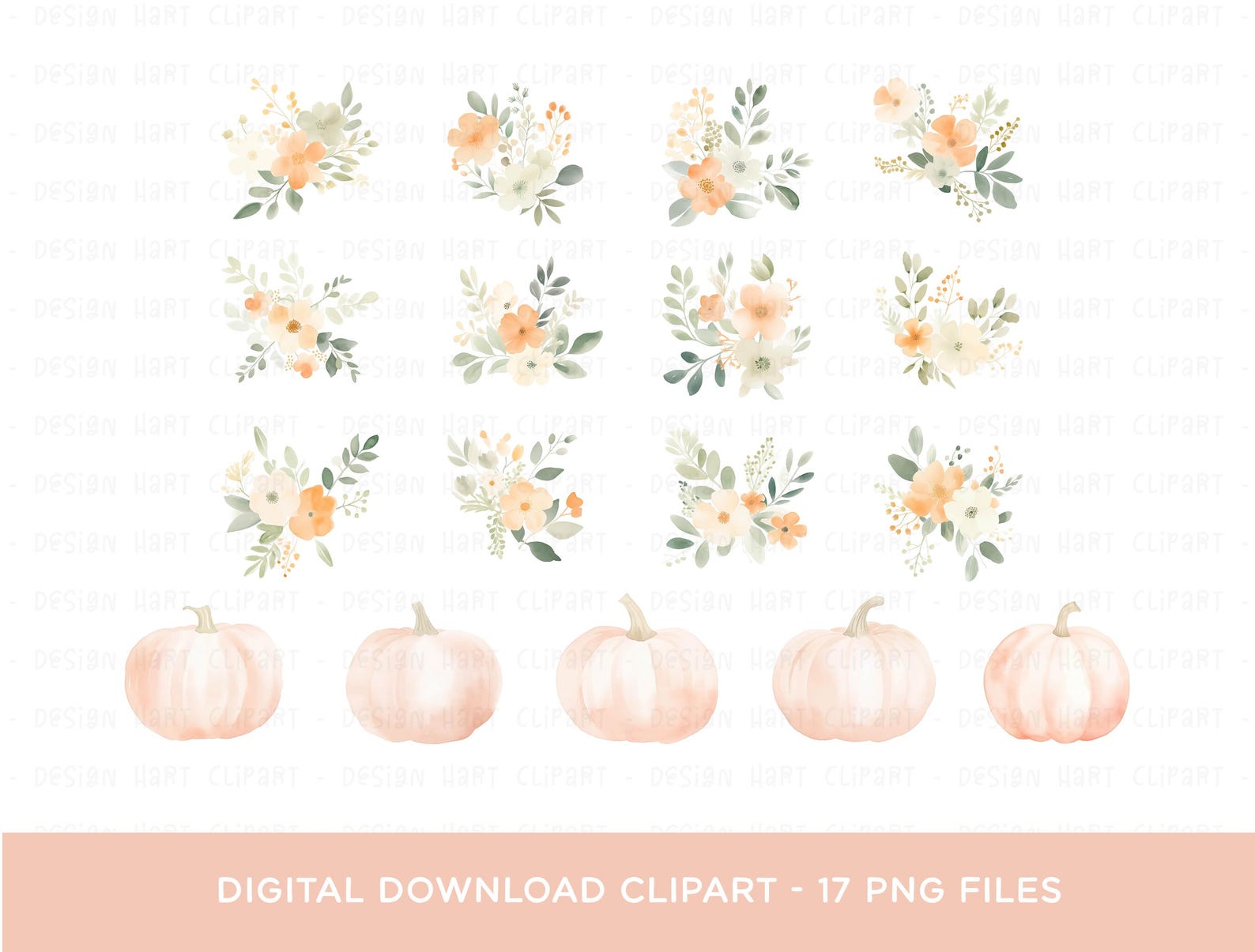 Pumpkin Clipart Bundle, PNG Digital Download Watercolor Floral Flower ...