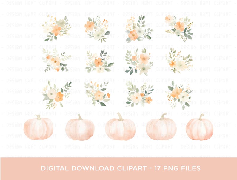 Pumpkin Clipart Bundle, PNG Digital Download Watercolor Floral Flower ...