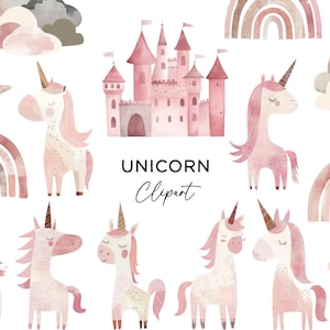 Paquete de imágenes prediseñadas de unicornio, lindo unicornio rosa arco iris estrellas mágicas nubes PNG acuarela digital descargar gráficos para uso comercial
