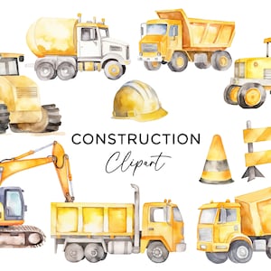 Bouw clipart bundel, voertuigen aquarel Digger graafmachine dump truck bulldozer harde hoed PNG commercieel gebruik bouwer clip art bestanden