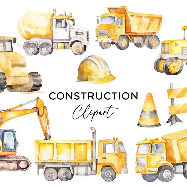 Construction Clipart Bundle, Vehicles Watercolor Digger Excavator Dump Truck Bulldozer Hard Hat PNG Commercial Use Builder Clip Art Files