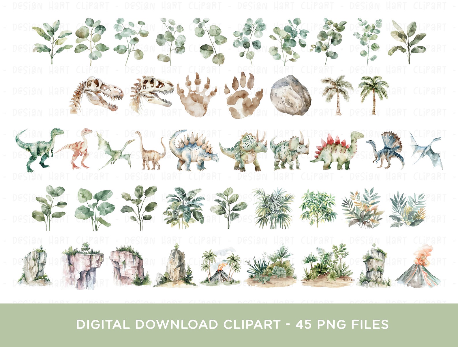 Dinosaur Clipart Bundle - Watercolor Jurassic Prehistoric Dino PNG ...