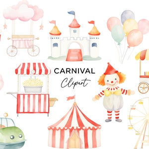 Bundle de cliparts carnaval, aquarelle cirque, manèges, clown, soie dentaire, pop-corn, ballons, graphiques PNG mignons colorés pour faire-part de fête