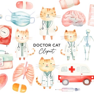 Zestaw clipartów Doctor Cat, PNG do pobrania w formacie cyfrowym Akwarela Medyczny Dentysta Pielęgniarka Ambulans Dziecko Kreskówka Mózg Serce Szkielet Kotek Reklama