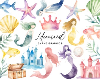 Mermaid Clipart Bundle, Watercolor Ocean Sea Creatures Mermaids Coral Shells Art Commercial PNG for Party Invitations Scrapbooking Stickers