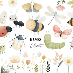 Op de afbeelding: Waterverfillustratie met diverse insecten en bloemen. Bevat vlinders, bijen, een lieveheersbeestje, een rups en andere insecten. De tekst "BUGS Clipart" is ook inbegrepen.