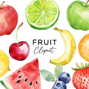 Pacote de clipart de frutas: aquarela melancia maçã banana morango cereja limão PNG download digital para convites adesivos scrapbooking