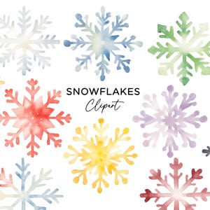 Bundle de cliparts flocon de neige, graphiques PNG en téléchargement numérique aquarelle flocon de neige coloré glaçon hiver Noël neige usage Commercial