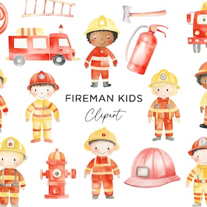 Pacchetto Clipart pompiere, bambini vigili del fuoco camion dei pompieri vigili del fuoco estintore tubo ascia PNG ragazzi ragazze acquerello download digitale uso commerciale
