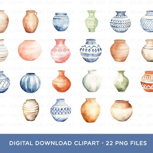 May include: A set of 22 watercolour illustrations of various pottery designs. The pottery is in a variety of colours, including blue, green, brown, and red. The illustrations are perfect for use in digital scrapbooking, card making, and other craft projects.