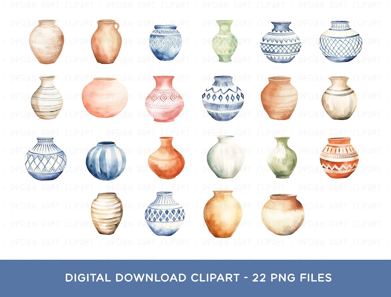 May include: A set of 22 watercolour illustrations of various pottery designs. The pottery is in a variety of colours, including blue, green, brown, and red. The illustrations are perfect for use in digital scrapbooking, card making, and other craft projects.