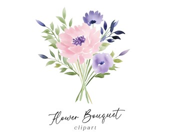Floral Bouquet Clipart - Soft Pastel Purple Pink Watercolor Spring Botanical Bunch PNG Wedding Invitations Greeting Card Wall Art Commercial