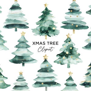 Paquete de imágenes prediseñadas de árboles de Navidad verdes, árboles de Navidad en acuarela pastel PNG para uso comercial, descarga digital para invitaciones, pegatinas, álbumes de recortes