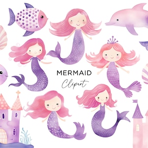 Bundle de cliparts sirène, sirène rose pourpre sous l'océan créatures marines poissons coquillages filles PNG aquarelle en téléchargement numérique tout usage Commercial