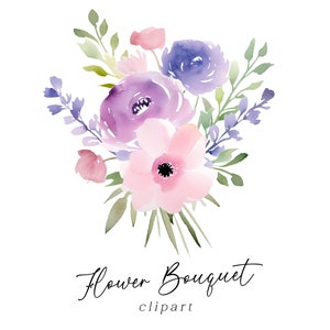 Clipart bouquet floral - bouquet botanique printanier aquarelle violet et rose doux PNG pour faire-part de mariage, cartes de voeux, art mural commercial