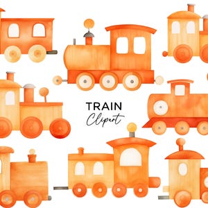 Paquete de imágenes prediseñadas de trenes, descarga de gráficos PNG Trenes de madera pintados en acuarela de color naranja para niños para invitaciones, arte de pared para guardería, uso comercial