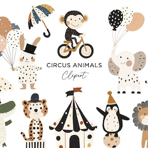 Carnival Clipart Bundle, Watercolor Circus Animals Lion Monkey Elephant Tiger Tent PNG Graphics for Invitations Party Stickers Scrapbooking