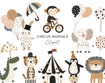 May include: A collection of whimsical circus animal illustrations. Includes a monkey on a bicycle, an elephant with balloons, a rabbit with balloons, a crocodile with an umbrella, a leopard, a circus tent, a penguin, and a lion. The text "CIRCUS ANIMALS Clipart" is also included.