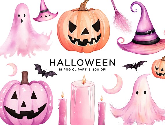 Halloween Clipart Bundle, Cute Pumpkin Jack-O-Lantern Pink Purple Orange Watercolor PNG Commercial Use for Invitations Stickers Scrapbooking