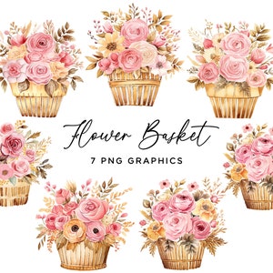 Blumenkorb Clipart Bundle, Aquarell Pink Gold Floral Bunch PNG, digitaler Download für kommerzielle Nutzung, Hochzeit Geburtstagseinladungen