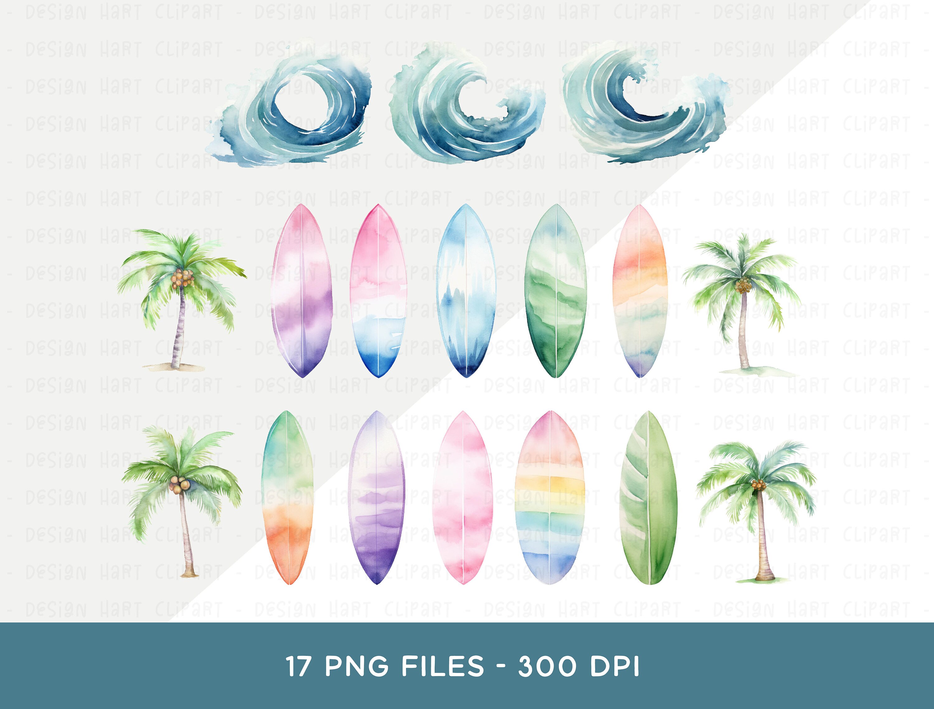 Surfer Clipart Bundle, Watercolor Surfboard Ocean Waves PNG for Beach ...