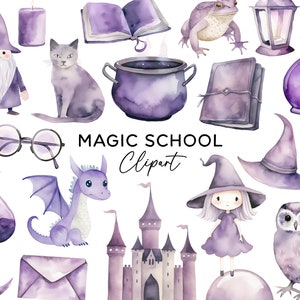 Bundle de cliparts école de magie - aquarelle sorcière sorcier chaudron potion hibou chat chaudrons livre de sorts baguette magique - clipart PNG pour Halloween