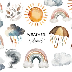 Pacote de clipart do tempo, aquarela sol nuvens arco-íris tempestade verão outono inverno PNG para professores de arte de parede download digital educacional