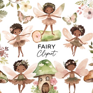 Fairy clipart bundel-zwart meisje donkere huid feeën, betoverde bos PNG illustraties voor kinderen verjaardag kwekerij Wall Art digitale downloadbestanden