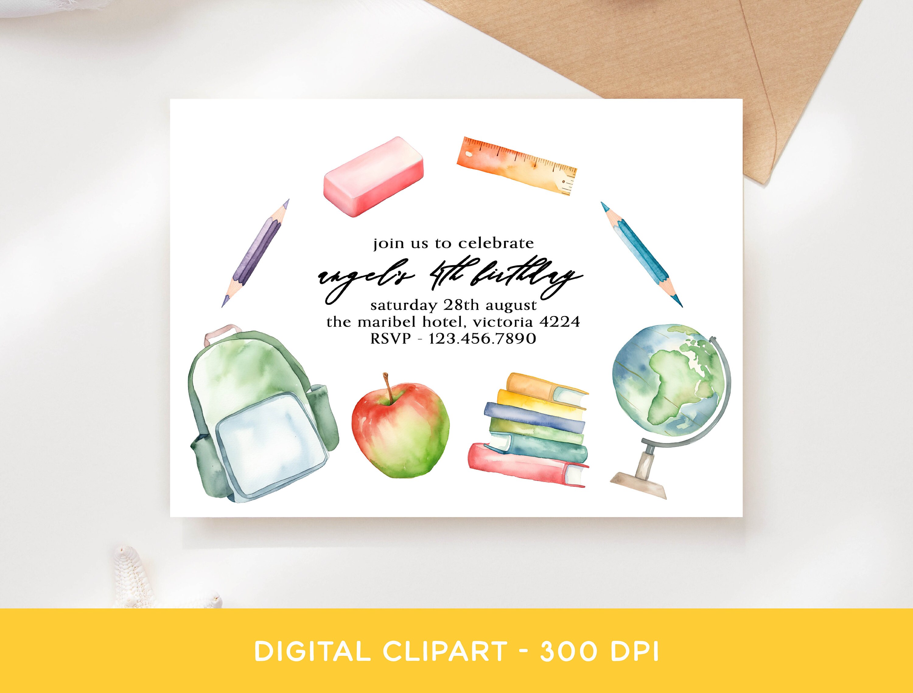 School Clipart Bundle, Watercolor Pencil Bus Books Globe Graphics ...