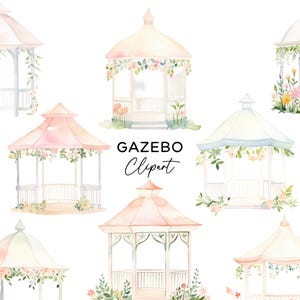 Gazebo Clipart Bundle, PNG Grafiken digitaler Download Aquarell Blumen Hochzeit Gazebos Pavilion Garten Frühling Kommerzielle Nutzung