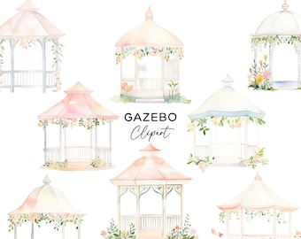 Gazebo Clipart Bundle, PNG Graphics Digital Download Watercolor Floral Wedding Gazebos Pavilion Garden Spring Commercial Use