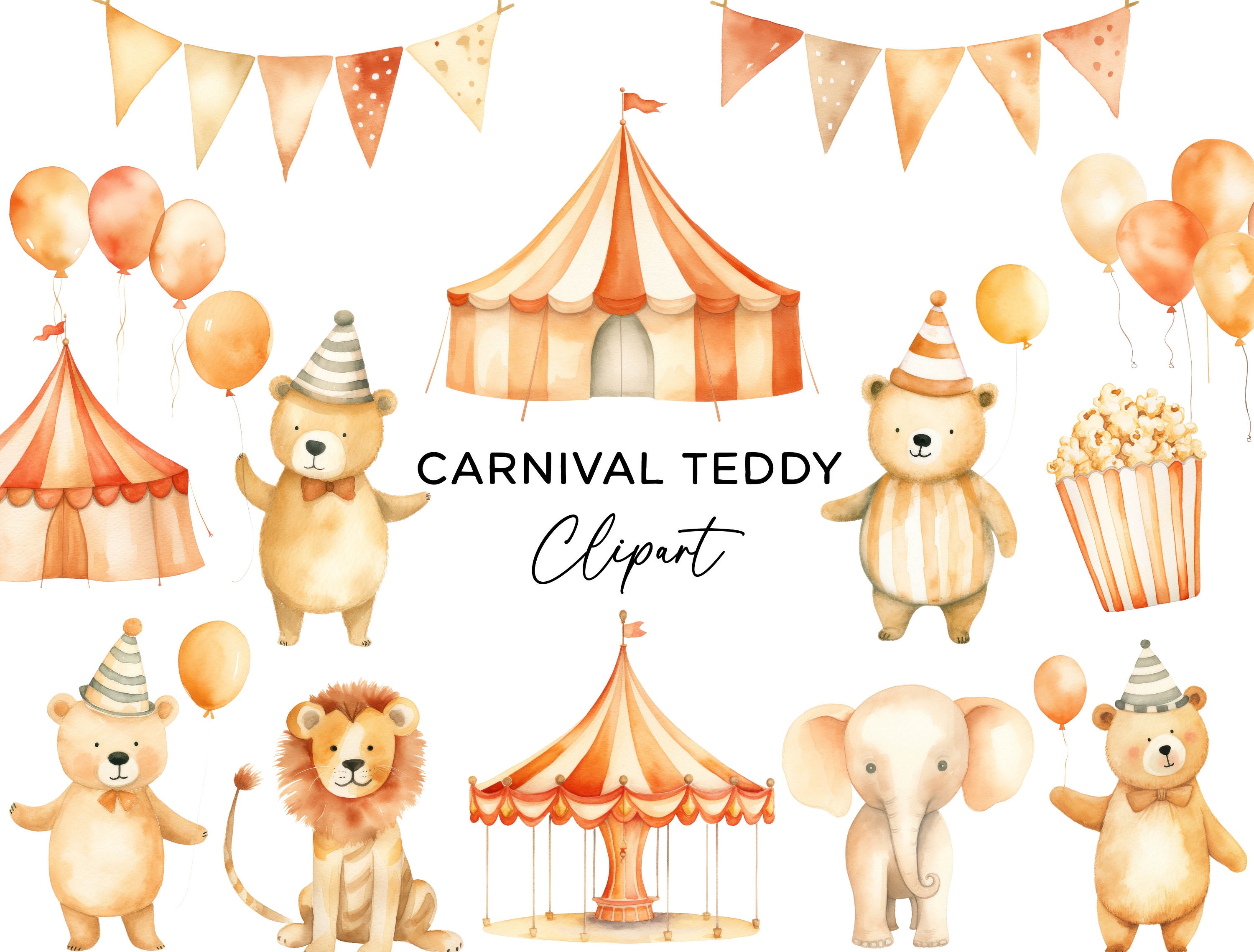 Carnival Clipart Bundle, Watercolor Kids Circus Teddy Bear Fair Rides ...