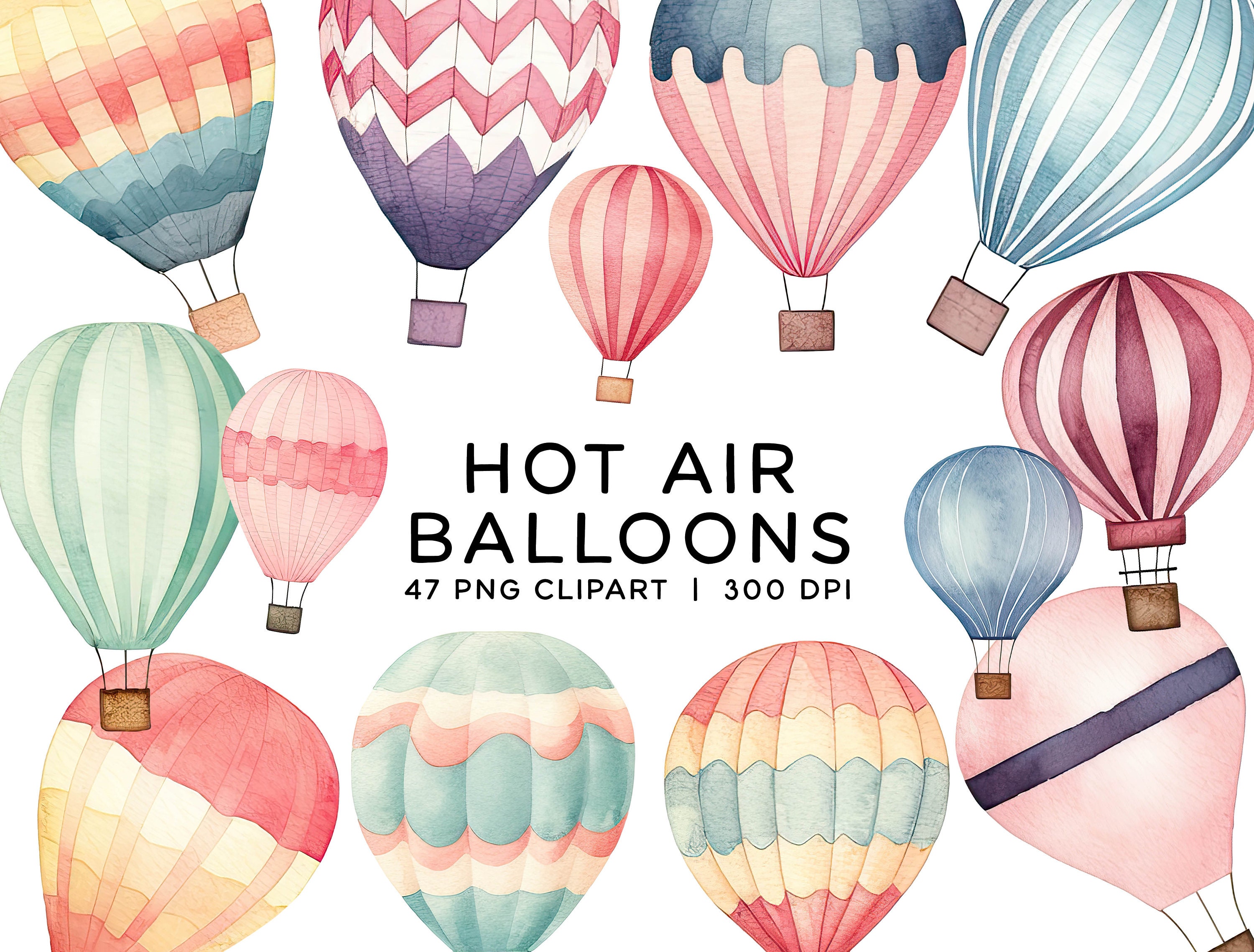 Hot Air Balloons Clipart Bundle, Cute Watercolor Pastel PNG Balloons Commercial Use Wedding Birthday Invitations Scrapbook Planner Stickers