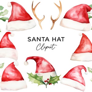 Weihnachtsmütze Clipart Bundle: Aquarell Weihnachten Roter Hut PNG Sublimation Kommerzielle Nutzung Digitaler Download für Einladungen Aufkleber