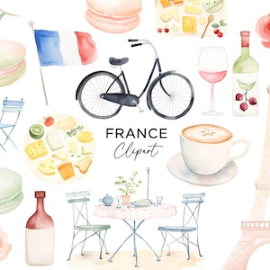 Pacchetto Clipart Francia, grafica PNG Download digitale Acquerello Torre Eiffel francese Macaron Vino Viaggio Vacanza Parigi Bonjour Uso commerciale