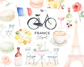 Peut inclure: Ensemble de clipart aquarelle sur le thème français, comprenant un vélo, la tour Eiffel, des macarons, du fromage, du vin, du café et des chaises de café. L'ensemble est parfait pour ajouter une touche de charme français à vos projets.