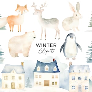 Paquete de imágenes prediseñadas de invierno, gráficos PNG, descarga digital, acuarela, escena de nieve blanca, cabaña, pingüino, oso, zorro, ciervo, pinos, uso comercial