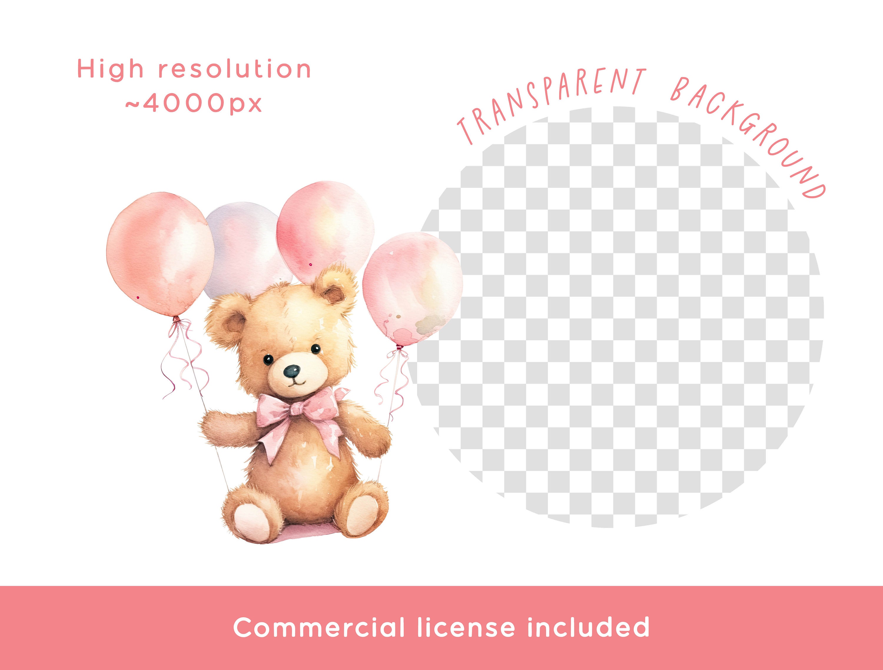 Teddy Bear Clipart Bundle, Pastel Pink Balloons Watercolor PNG for ...