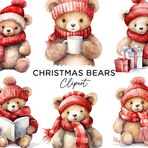 Weihnachten Teddy Bär Aquarell Clipart, festlicher Xmas Bär Roter Hut Schal PNG Bundle Digitaler Download Kommerzielle Verwendung für Einladungen Aufkleber