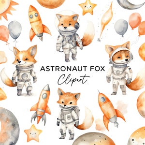 Astronaut Fuchs Clipart Bundle, Aquarell Weltraum Party Tier, Galaxie Rakete Schiff Planeten Sterne PNG Cosmic Digital Download Kommerzielle Nutzung