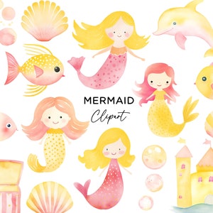Pacchetto Clipart sirena, carina sirena rosa gialla sirena subacquea oceano mare creature conchiglie di pesce PNG acquerello download digitale uso commerciale