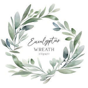 Clipart Couronne d'eucalyptus, aquarelle PNG doux graphique usage Commercial verdure botanique pour téléchargement numérique Decor Invitations Clip Art