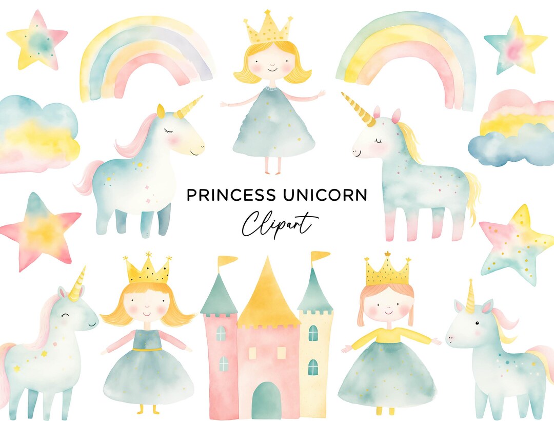 Princess Unicorn Rainbow Clipart Bundle, PNG Watercolor Clipart Kids ...