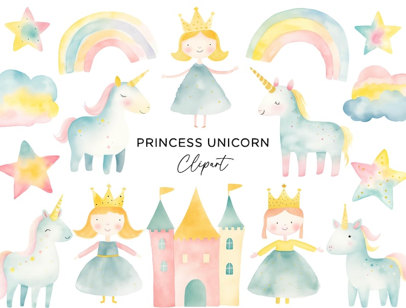 Princess Unicorn Rainbow Clipart Bundle, PNG Watercolor Clipart Kids ...