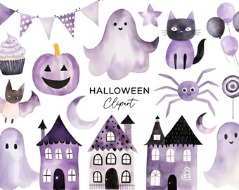 Halloween clipartbundel, png download aquarel paarse pompoen spookhuis spin vleermuis spook kat heks feestuitnodigingen commercieel gebruik
