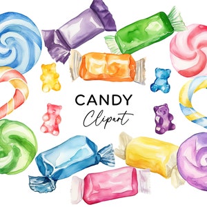 Candy Clipart Bundle, Watercolor Sweets Lollies Lollipop PNG Clip Art Commercial Use Digital Download for Invitations Stickers Scrapbooking
